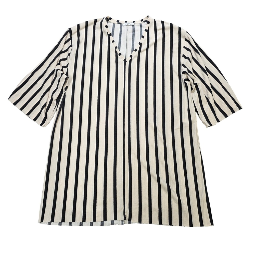 Zara Trafaluc Striped V-Neck Tunic Top Women's Size M Cream Black Raw Hem Ribbed